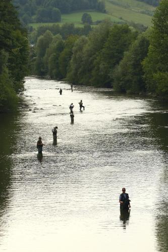 a group of people standing in a river at Rooms Pevc & Hostel Ljubno ob Savinji in Ljubno
