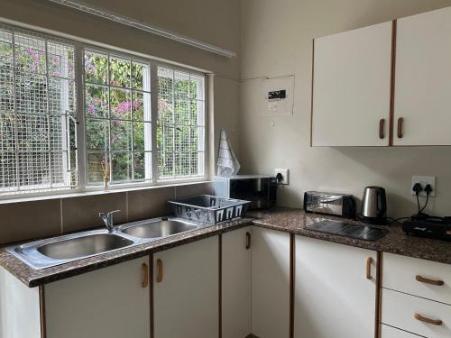 eine Küche mit Spüle und zwei Fenstern in der Unterkunft Douglas Cottage in Pennington