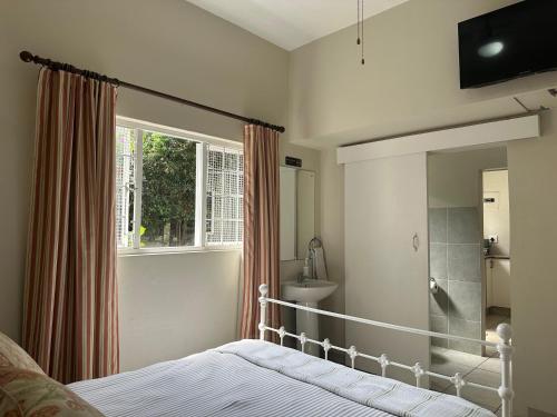 a bedroom with a bed and a window at Private Garden Studio Cottage with BBQ 10 min walk to Pennington Beach in Pennington