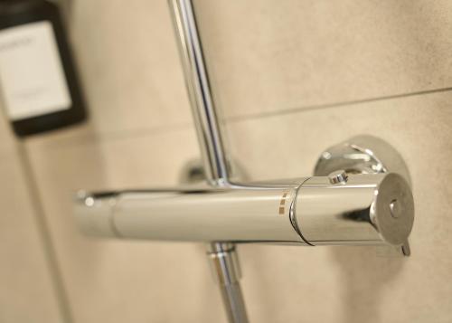 a silver shower handle in a bathroom stall at Luxuscontainer am Nürburgring #2 in Adenau