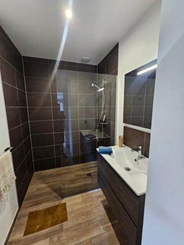 a bathroom with a shower and a sink at F3 de standing tout équipé vue mer, piscine et parking in Noumea