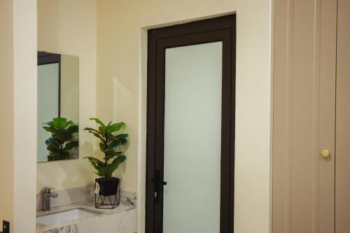 a bathroom door with a mirror and a potted plant at M&M homestay vincom Quang Tri in Quang Tri