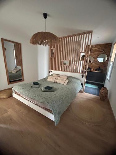 Un dormitorio con una cama y un espejo grande. en Villa 5km du circuit 24h Le Mans, en Spay