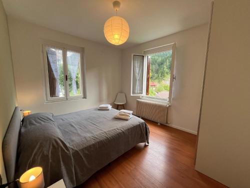 a bedroom with a bed and two windows at Vicino Zoncolan+Netflix e Wifi in Treppo Carnico