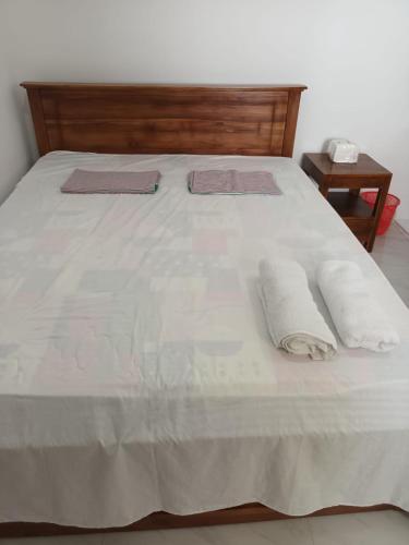 a white bed with two pillows on top of it at Comfortable Stay in Colombo in Rajagiriya