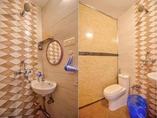two pictures of a bathroom with a toilet and a sink at Amazing Pool View 2BHK Candolim Goa Apartment in Candolim