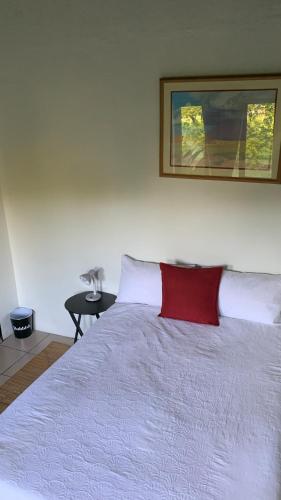 a bedroom with a bed with a red pillow on it at Ezulwini Heaven in Ezulwini