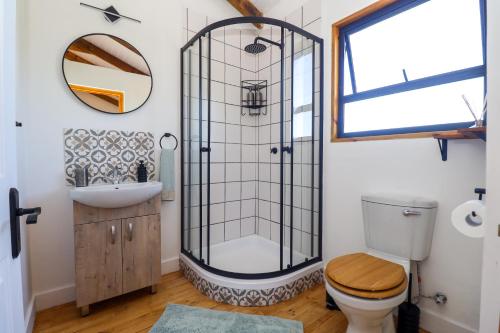 a bathroom with a shower and a toilet and a sink at Rolling Hills Farmstead in Caledon