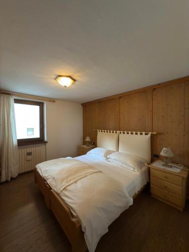Un dormitorio con una cama grande y una ventana. en Quadrilocale Dolomiti, en Madonna di Campiglio