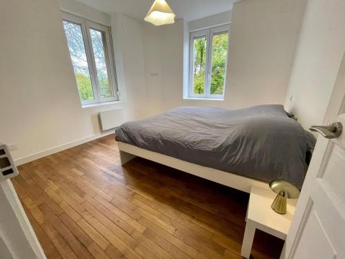 a bedroom with a bed and two windows at Le ONZE in Longwy