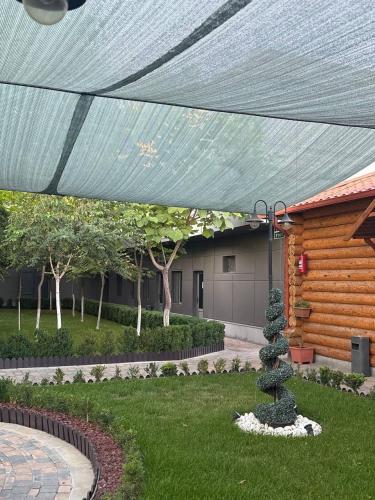 a blue covering over a yard with a tree at Hotel 365 in Zvartnots International Airport