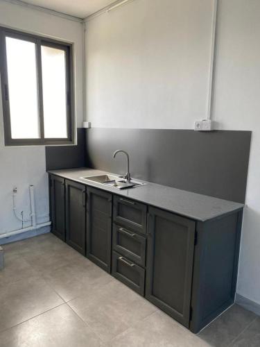 an empty kitchen with a sink and a counter at Epic Lodge in Trou aux Biches