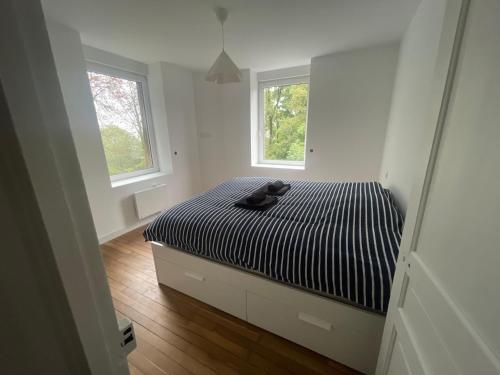 a bedroom with a black and white bed with two windows at Le ONZE in Longwy