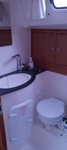 a white bathroom with a toilet and a sink at Lady Butterfly in Tučepi