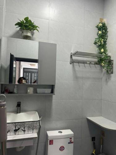a bathroom with a sink and a mirror and a toilet at Peach Peach Home 3 in Cú Lao Tân Nong