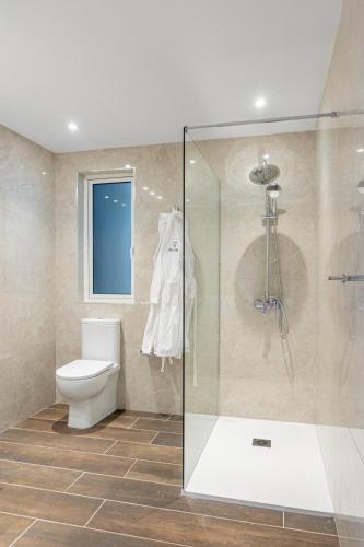 a bathroom with a toilet and a glass shower stall at Offshore Suites Apartments in St Julians Centre in St. Julianʼs
