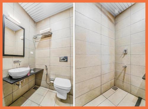 two pictures of a bathroom with a toilet and a sink at V - NEW HOTEL - ND & P PREMIUM - The Point of Kashi - Near Kashi Vishwanath Temple !! - Free Wi-Fi and Parking Facilities # Fully Air Conditioned Hotel - Best Hotel In Varanasi in Rāmnagar