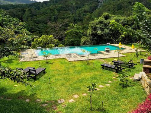 a swimming pool with benches in a grassy yard at Aqua Dunhinda Nature Retreat in Kandy
