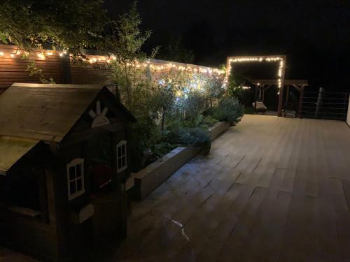 a garden at night with lights on a fence at House Big Win Mělník in Mlazice