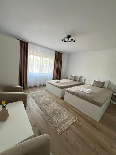 a white room with two beds and a couch at Colt de Apuseni Guesthouse in Curăţele