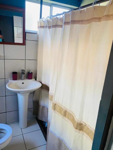 a bathroom with a sink and a shower curtain at Talca-Maule in Talca
