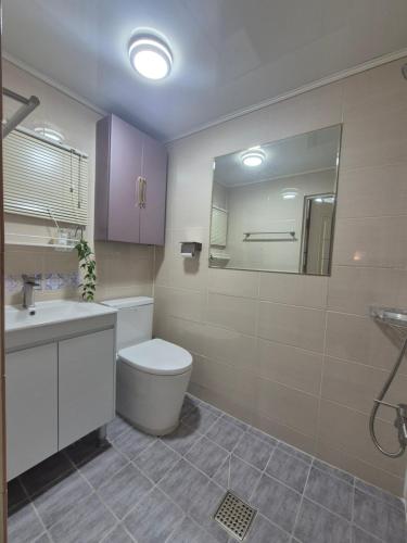 a bathroom with a toilet and a sink and a mirror at 소소가 in Samgong