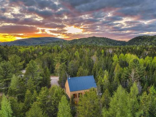 een luchtfoto van een huis in het bos bij Oslo Scandinavian Getaway Spa & Pet-Friendly in Saint Come