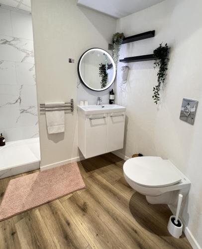 a bathroom with a toilet and a sink and a mirror at Couett'Hôtel Brest Port de plaisance, Les pieds dans l'eau in Brest