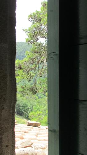 a view from a window of a stone walkway at La Piastraia in Parlascio