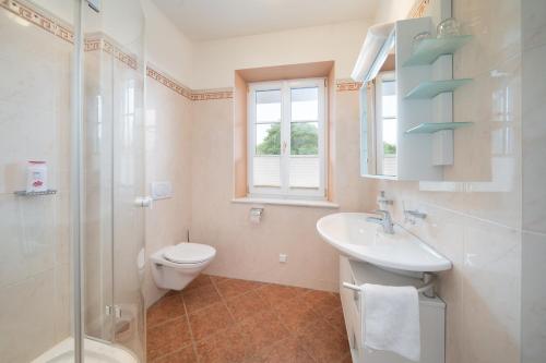 a bathroom with a toilet and a sink and a shower at Privatzimmer Stabauer in Mondsee