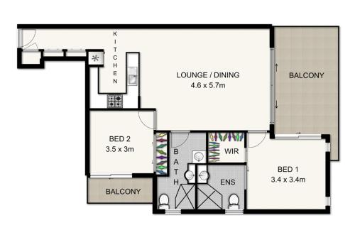 a floor plan of a house at Merivale stay in South Brisbane two beds two baths one parking in Brisbane