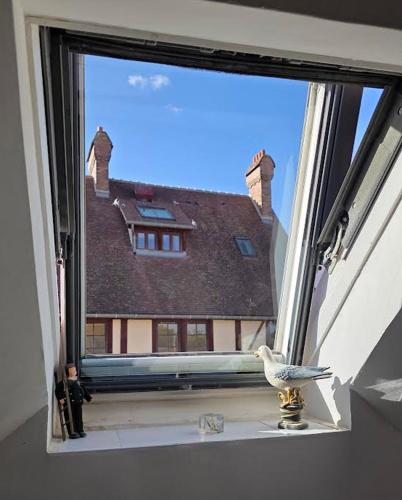 a bird sitting on a window sill looking out at a house at L'Étoile in Moret-sur-Loing