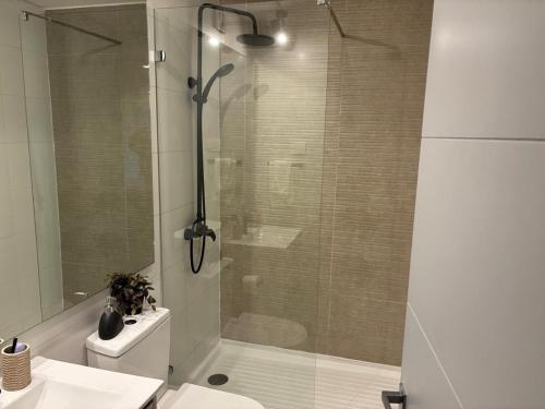 a bathroom with a shower with a toilet and a sink at Pucón Infinity Camino al Volcán in Pucón