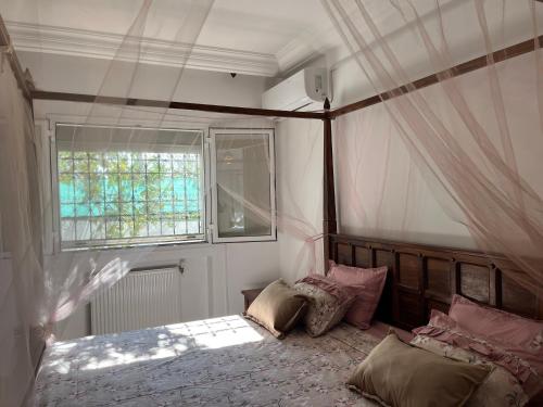 a bedroom with a bed with pillows and a window at Villa Moderne piscine jardin in Gammarth