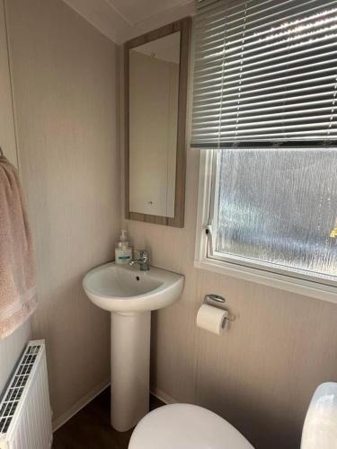 a bathroom with a sink and a toilet and a mirror at Seaview Lodgings in Dunure
