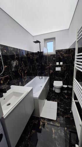 a black and white bathroom with a sink and a toilet at Apartament Ovidiu in Horpaz