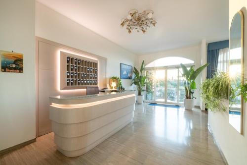 a hotel lobby with a reception desk and potted plants at Hotel Britannia in Sorrento