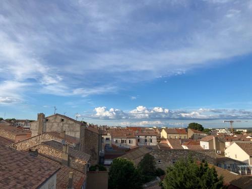 a view of a city with roofs and a cloudy sky at Studio in Narbonne