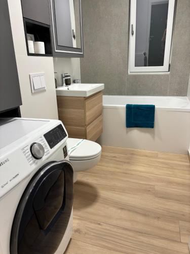 a bathroom with a washer and a toilet and a sink at Eden by Mirvana Apartments in Timişoara