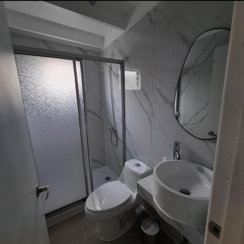 Casa Árbol lodge في بابودو: حمام مزود بمرحاض ومغسلة ومرآة