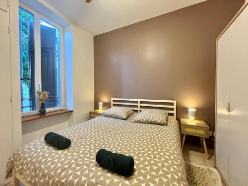 a bedroom with a bed with two green pillows on it at T2 moderne avec jardin à 15 min de Lyon in Oullins