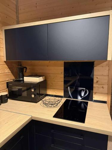 a desk with a monitor and a computer on it at Jaworowe Wzgórze in Wysowa-Zdrój