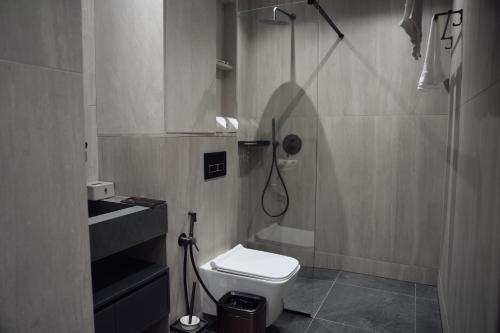 a bathroom with a shower and a toilet in it at Silver Apart in Truskavets