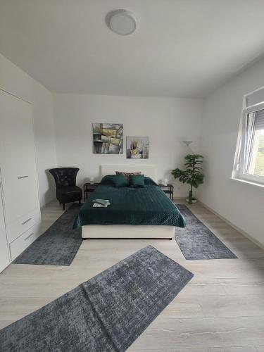 a bedroom with a green bed and a rug at Relaks Apartman in Rudnik Kačerski