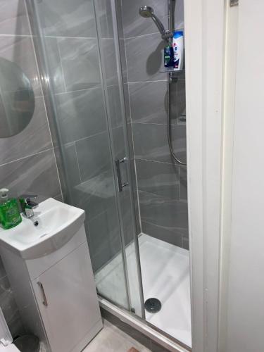 ein Badezimmer mit Dusche und Waschbecken in der Unterkunft W5 Studio in Ealing
