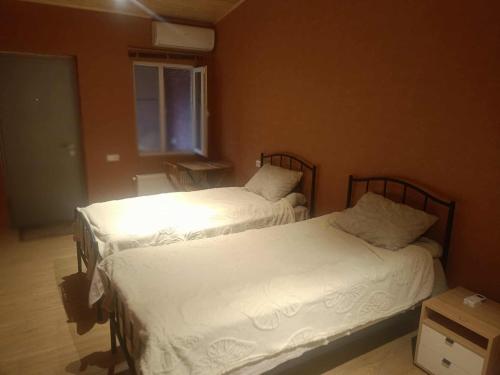 two beds in a small bedroom with a window at Rostomaant Marani Family Winery Guest House, Telavi in Tʼelavi