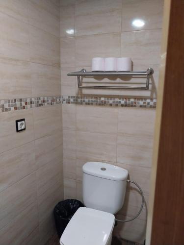 a bathroom with a white toilet and some towels at Jupiter Estudio in Benalmádena