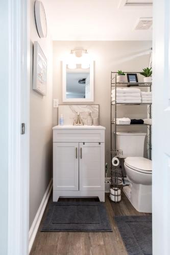 a bathroom with a white sink and a toilet at The Cozy Cottage in Waycross
