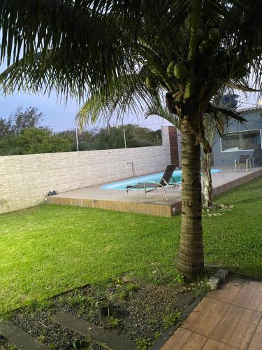 a palm tree in a yard with a swimming pool at Casa para temporada em Rio das Ostras in Rio das Ostras