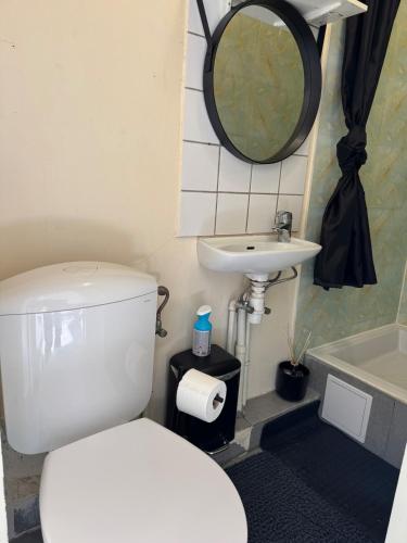 a bathroom with a white toilet and a sink at Charmant studio à 5 min de la Gare du Midi, 1-2 pe in Mellet
